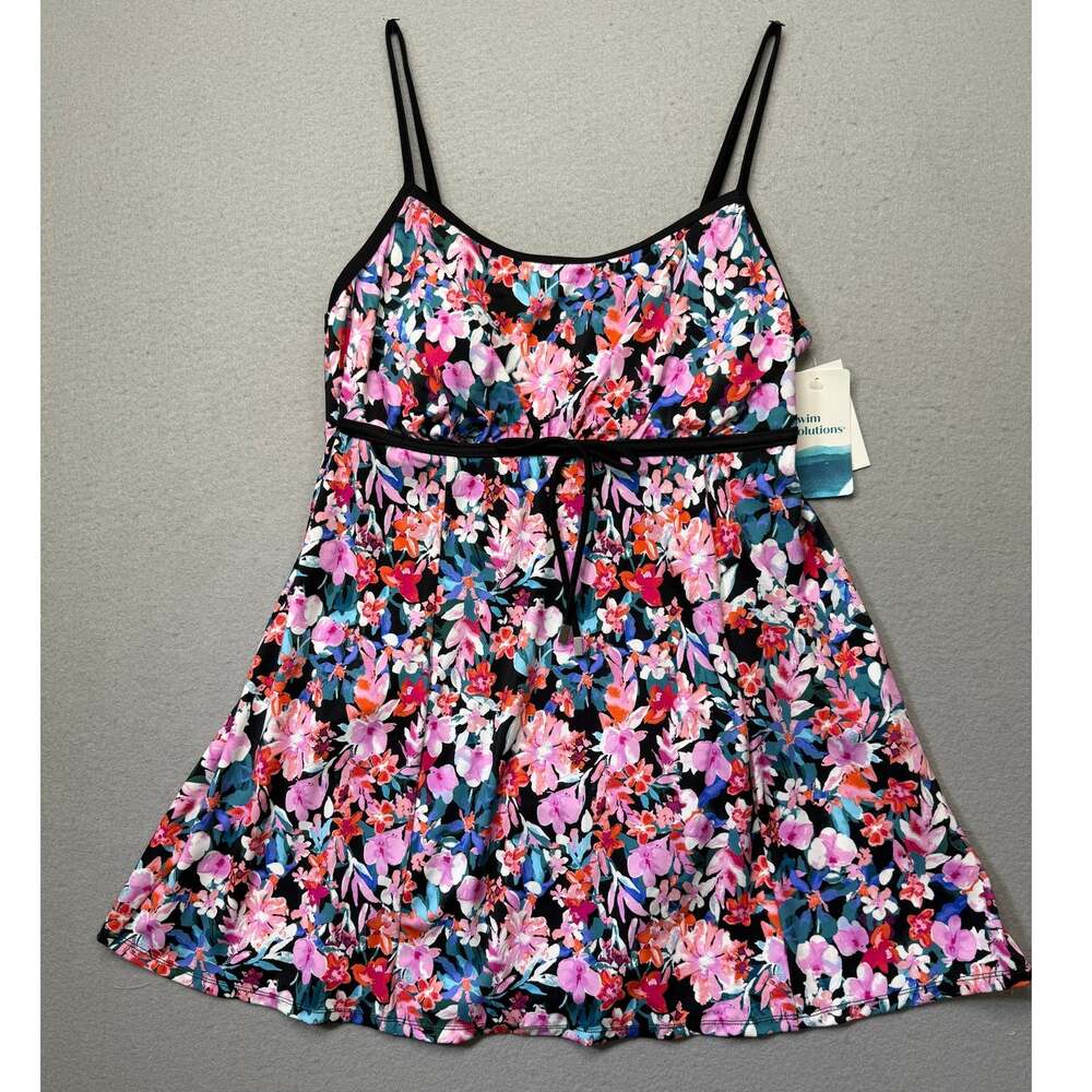Swim Solutions Women's Tummy-Control Empire-Waist Swimdress black multi 14 $112